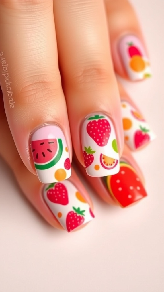 Colorful nail art featuring juicy fruit designs like watermelon and strawberries on well-manicured nails.